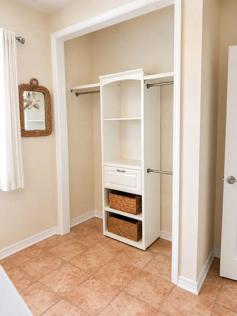 Updated closet with built-in shelving, drawers, and woven storage baskets