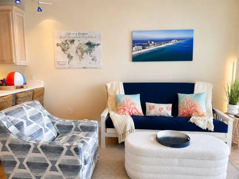 Living area seating with coastal decor
