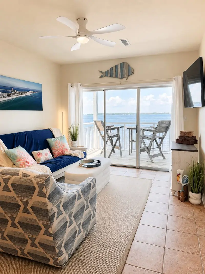 Luxury coastal living room with bay views