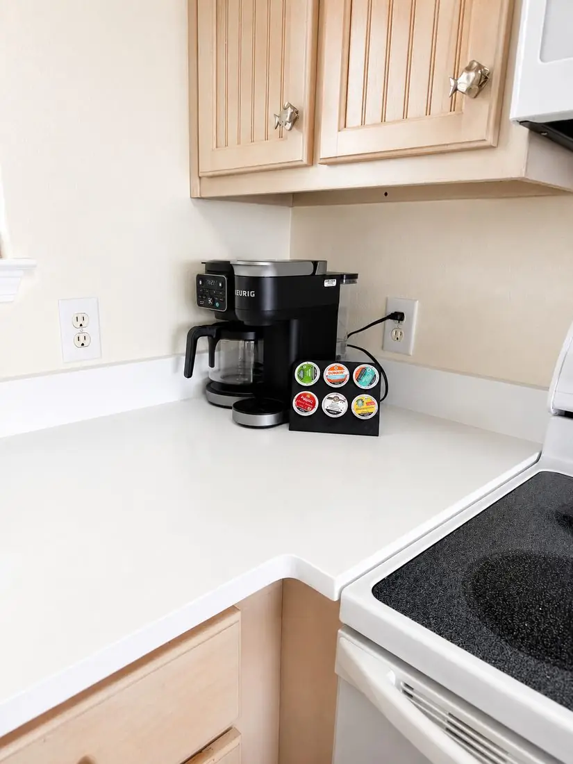 Kitchen coffee station with Keurig and coastal decor